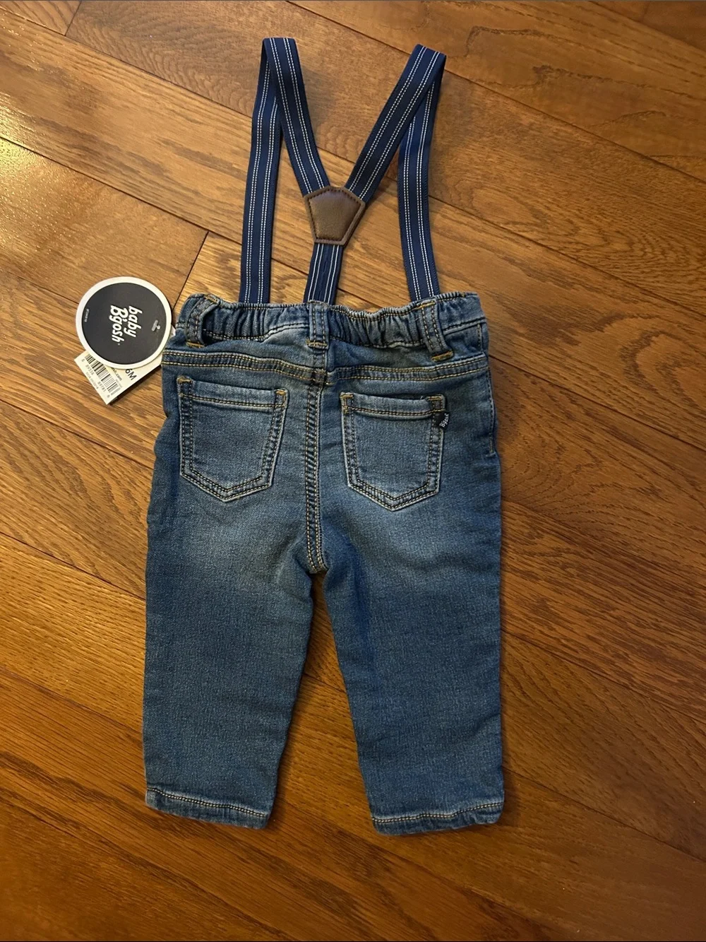 OshKosh B'gosh Blue Denim Jeans with Navy Striped Suspenders Size 3-6M NWT